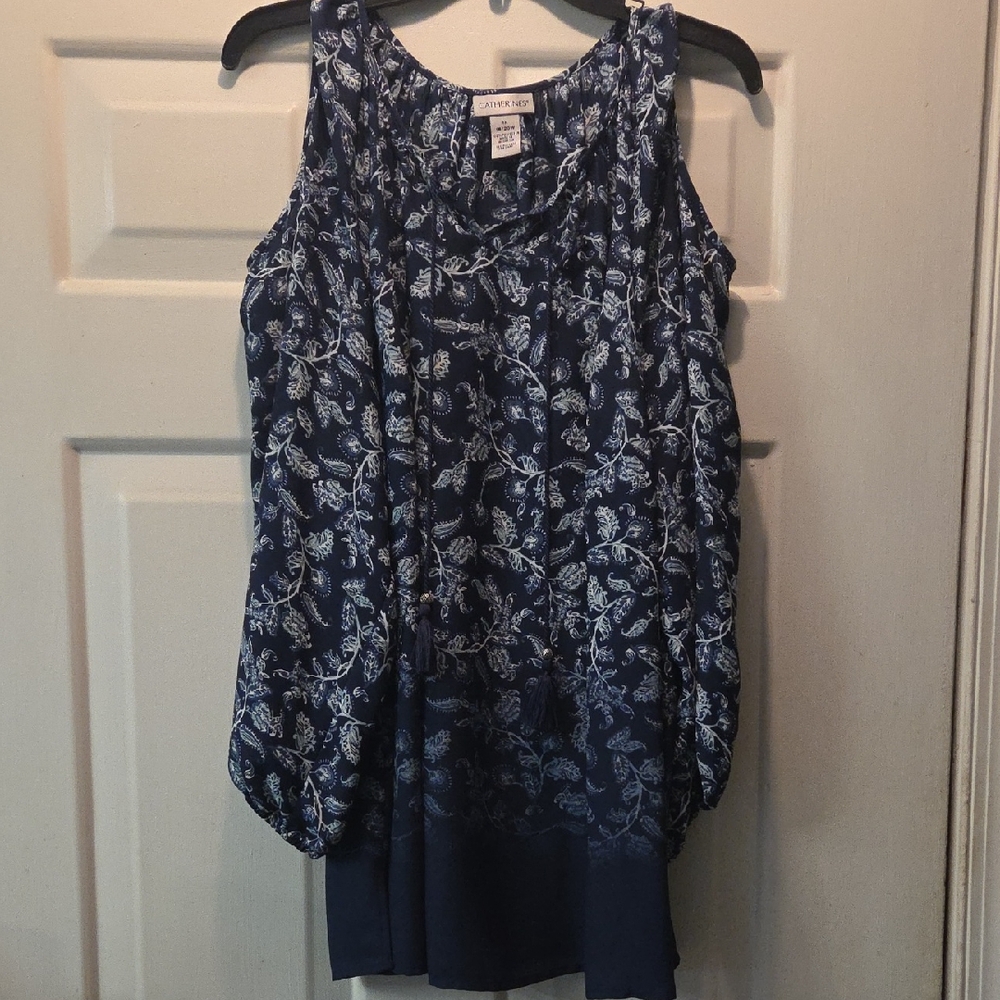 Catherines Blue and White Peep Shoulder Top